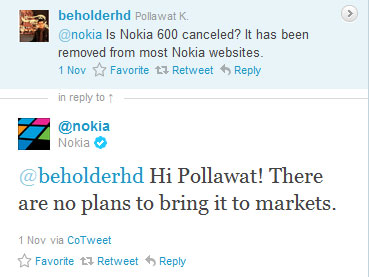 Nokia 600 reply on Twitter